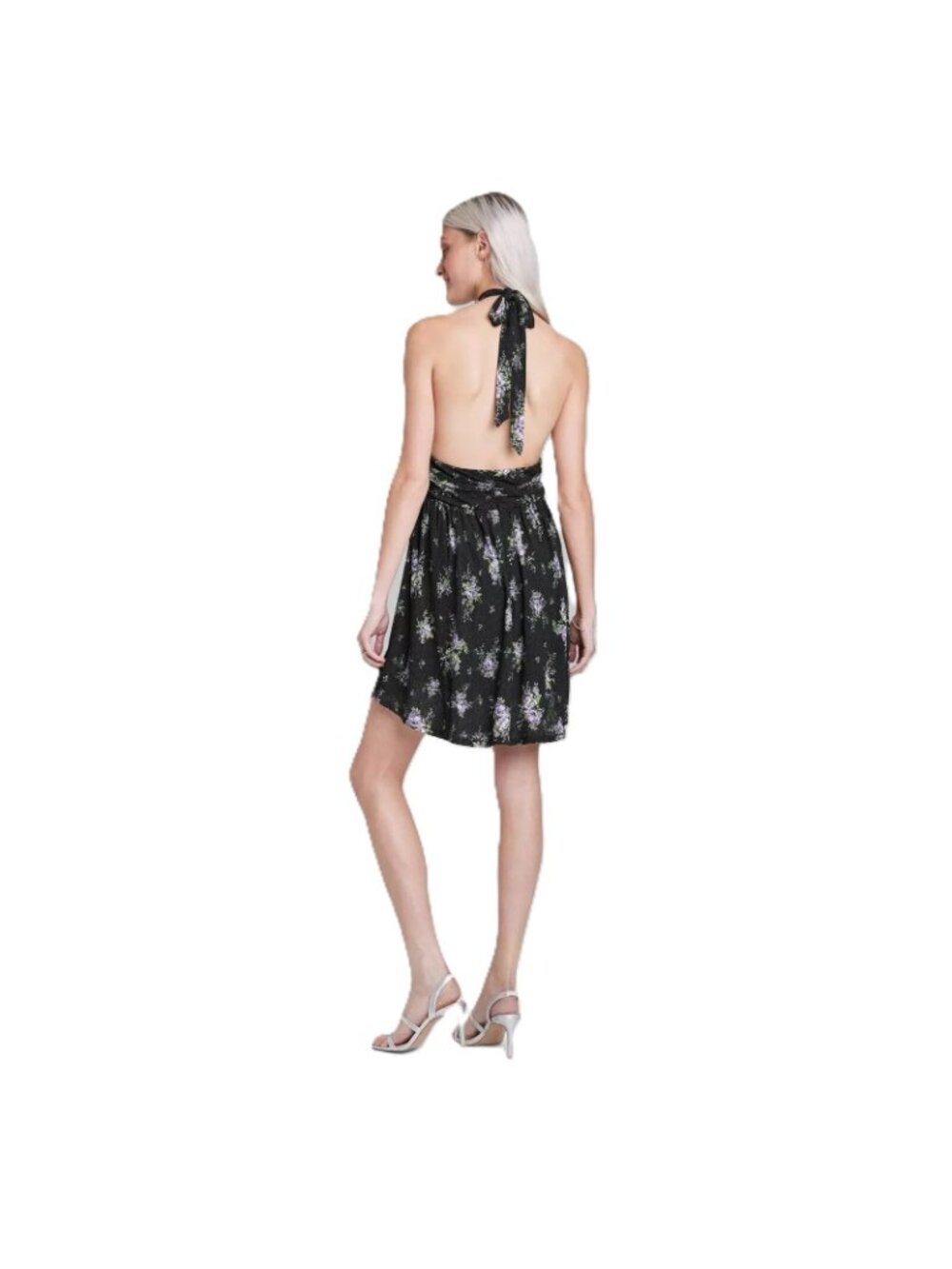 Wild Fable Purple Floral Sleeveless Skater Black Halter Mini Dress - Large 12/14 - Picture 4 of 8